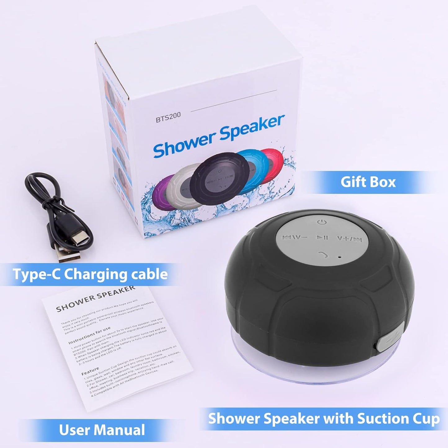 Waterproof Bluetooth Shower Speaker Portable Wireless Water-Resistant Speaker Suction Cup,Built-In Mic Gifts for Kids Speakerphone for Iphone Phone Tablet Bathroom Kitchen - Black