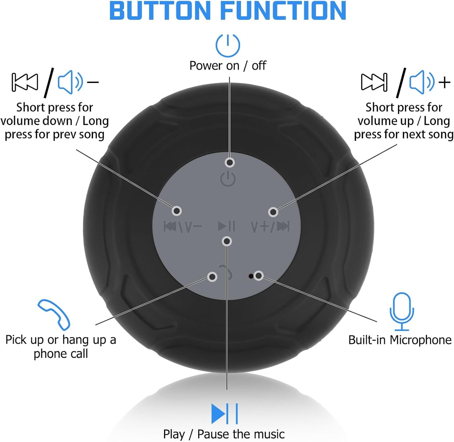 Waterproof Bluetooth Shower Speaker Portable Wireless Water-Resistant Speaker Suction Cup,Built-In Mic Gifts for Kids Speakerphone for Iphone Phone Tablet Bathroom Kitchen - Black
